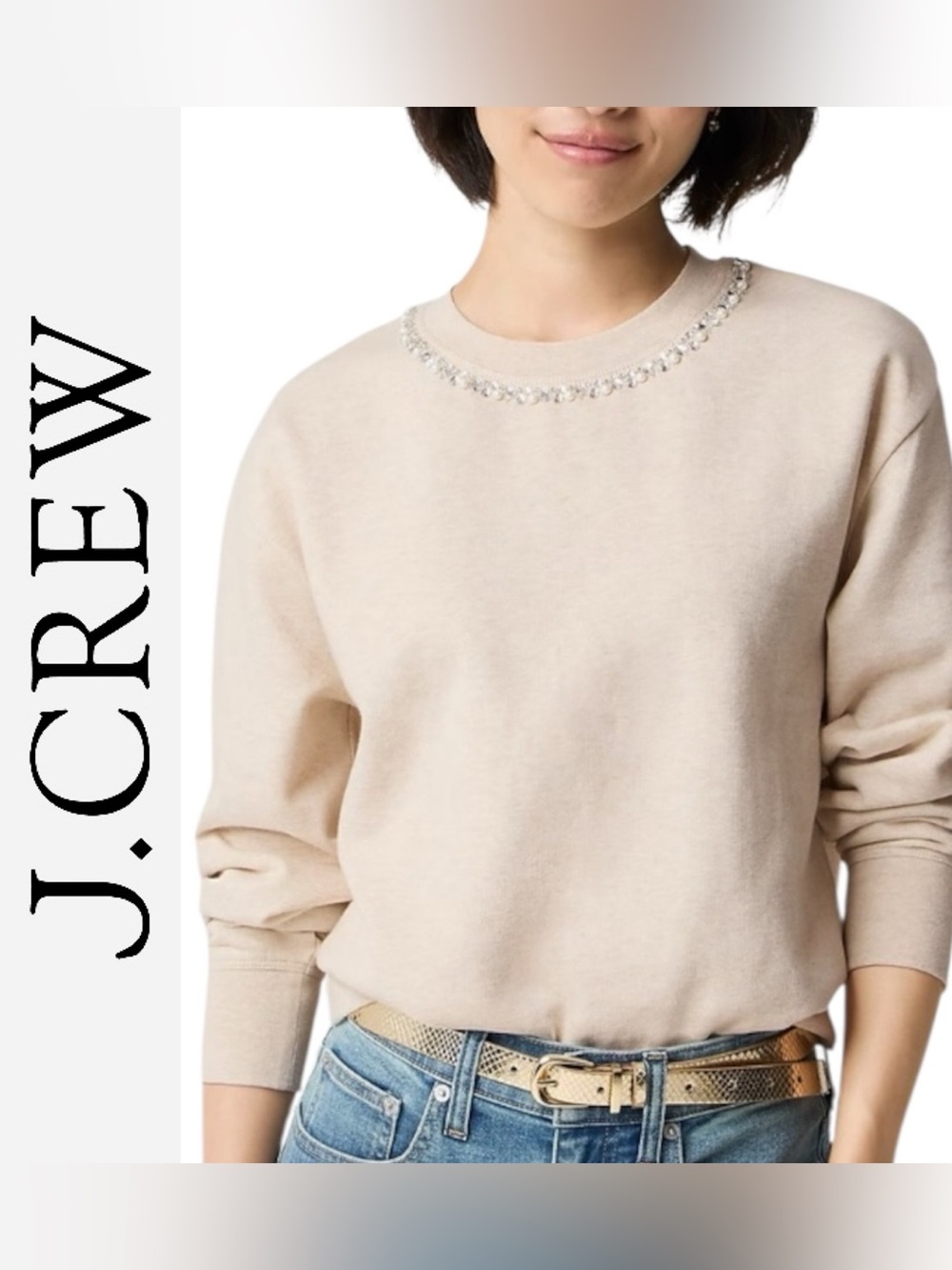 J. Crew Bejeweled Crewneck Pullover Sweatshirt in Oatmeal